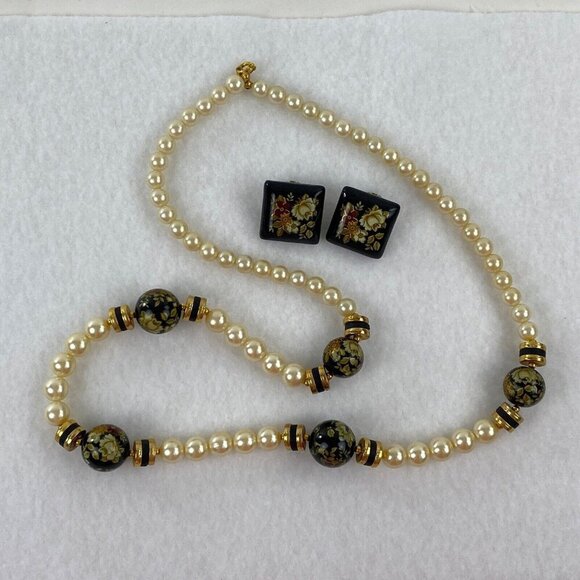 1980s Beaded Necklace and Earring Set, Clip On Earrings Black and Gold Floral - Picture 1 of 10